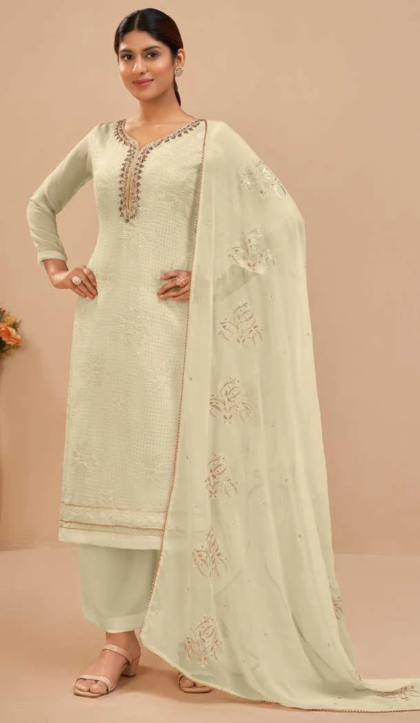Off White Color Georgette Embroidery Work Evening Party Wear Palazzo Suit -6102167193