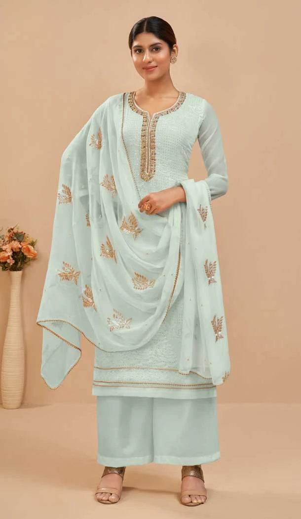 Sky Blue Color Georgette Embroidery Work Evening Party Wear Palazzo Suit -6102167194