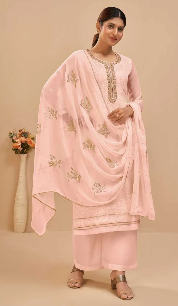 Rose Pink Color Georgette Embroidery Work Evening Party Wear Palazzo Suit -6102167195