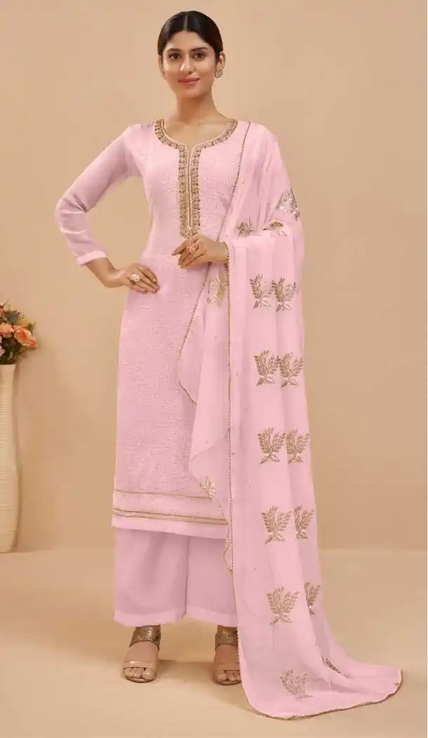 Aesthetic Pink Color Georgette Embroidery Work Evening Party Wear Palazzo Suit -6102167196
