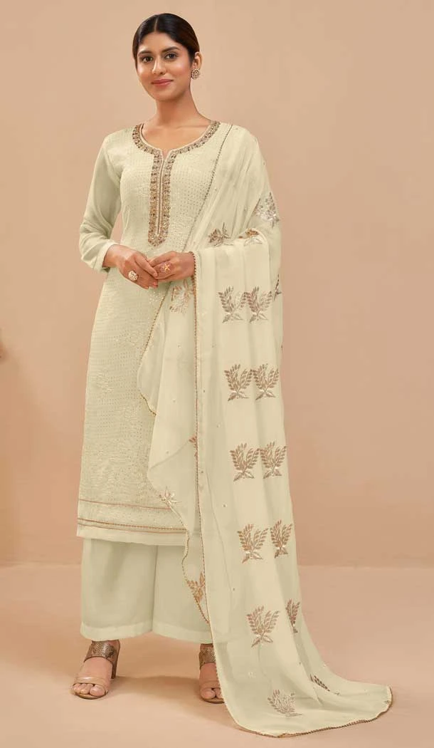 Enigmatic White Color Georgette Embroidery Work Evening Party Wear Palazzo Suit -6102167197