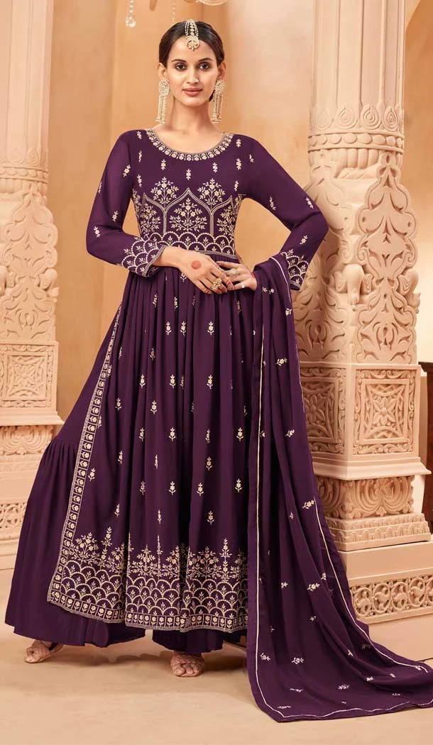 Faux Georgette Wine Color Embroidery Work Party Wear Palazzo Suit -6121167407