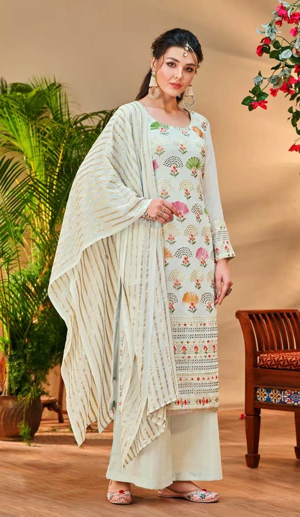 Cream Color Pure Viscose Georgette Embroidery Work Party Wear Salwar Suit -6125167424