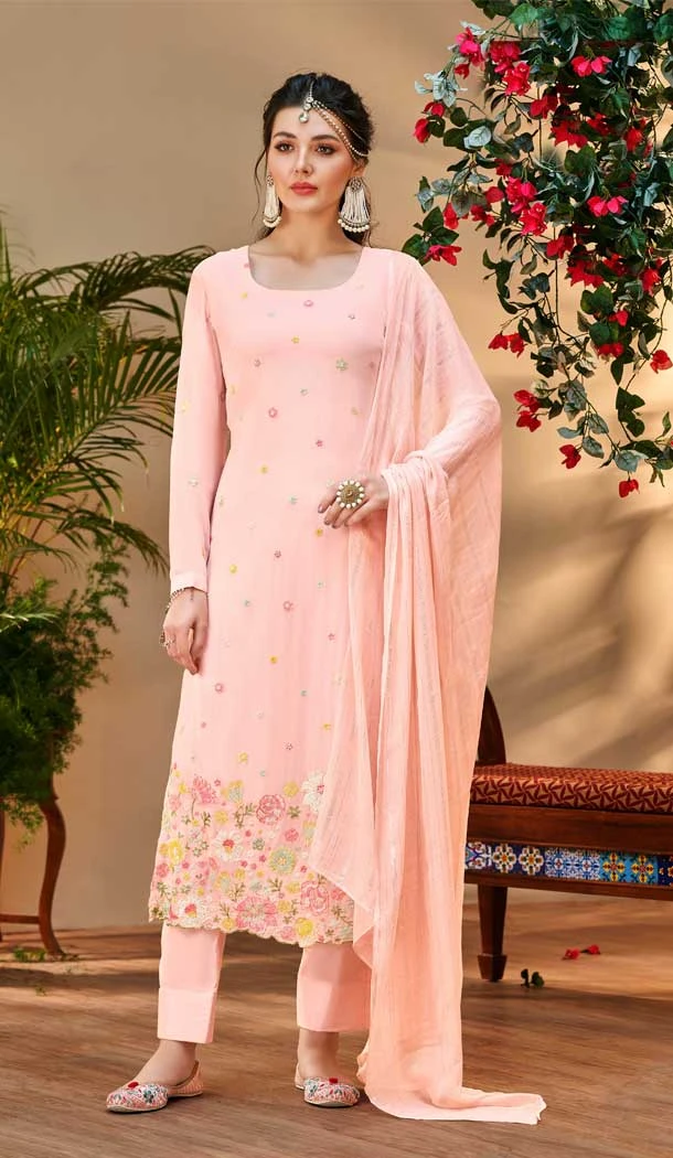 Peach Color Pure Viscose Georgette Embroidery Work Party Wear Salwar Suit -6125167425