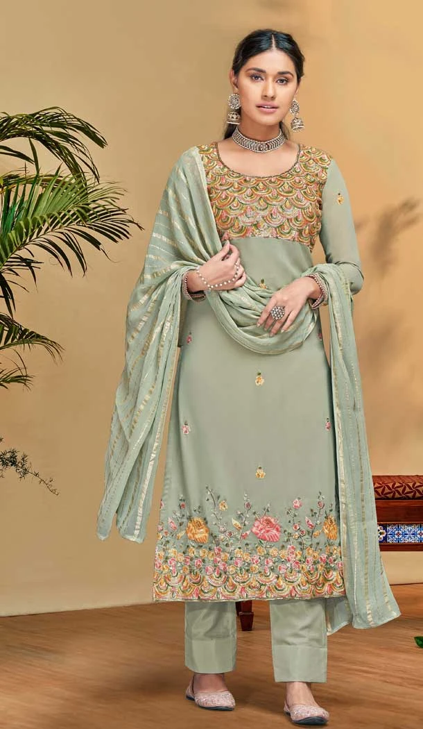 Sea Green Color Pure Viscose Georgette Embroidery Work Party Wear Salwar Suit -6125167426