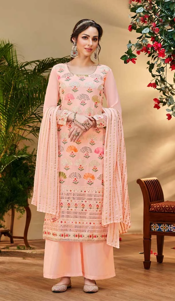 Glamorous Peach Color Pure Viscose Georgette Embroidery Work Party Wear Salwar Suit -6125167427