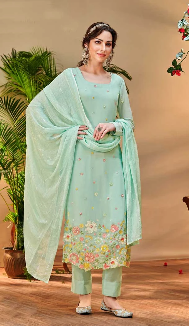 Mint Color Pure Viscose Georgette Embroidery Work Party Wear Salwar Suit -6125167428