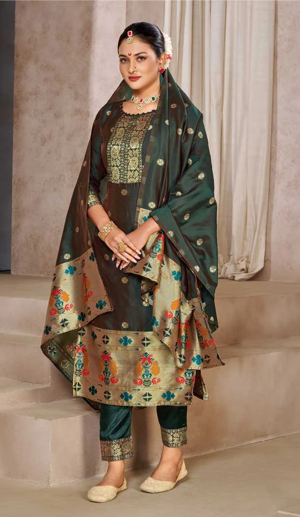Pure Tapeta Silk Jacquard Work Green Color Casual Party Wear Salwar Suit -6134167481