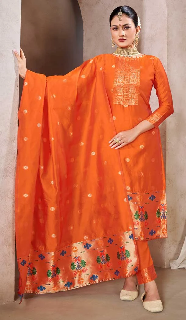 Pure Tapeta Silk Jacquard Work Orange Color Casual Party Wear Salwar Suit -6134167484
