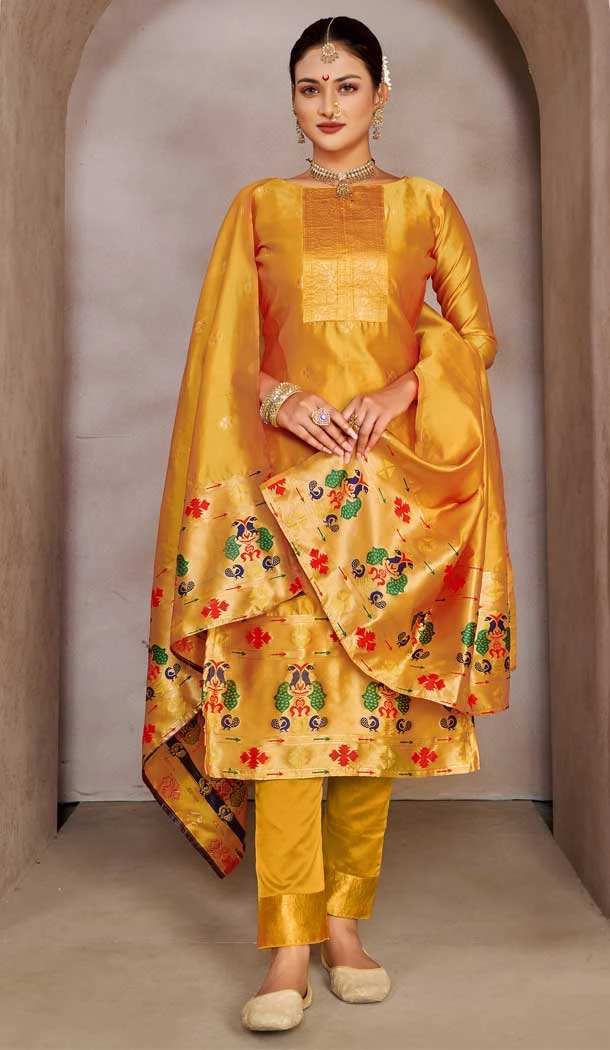 Pure Tapeta Silk Jacquard Work Yellow Color Casual Party Wear Salwar Suit -6134167487