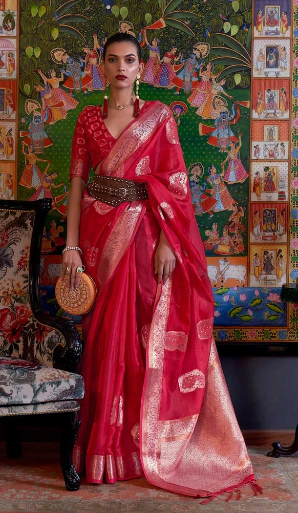 Chic Red Color Organza Weaving Work Traditional Party Wear Saree Blouse -6141167547