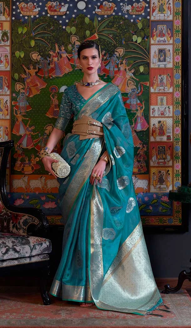 Rama Blue Color Organza Weaving Work Traditional Party Wear Saree Blouse -6141167550