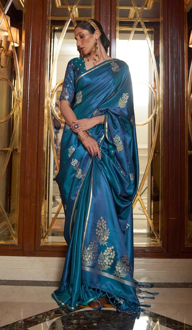Satin Silk Teal Blue Color Weaving Work Traditional Party Wear Saree Blouse -6144167562