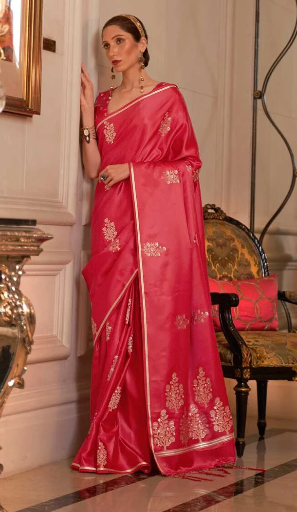 Satin Silk Pink Color Weaving Work Traditional Party Wear Saree Blouse -6144167563
