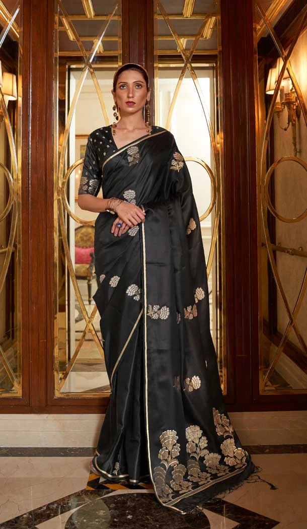 Satin Silk Black Color Weaving Work Traditional Party Wear Saree Blouse -6144167564