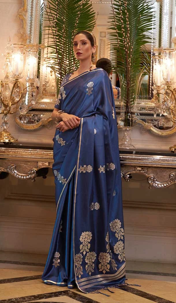 Satin Silk Blue Color Weaving Work Traditional Party Wear Saree Blouse -6144167565
