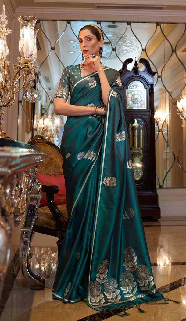 Satin Silk Teal Green Color Weaving Work Traditional Party Wear Saree Blouse -6144167566