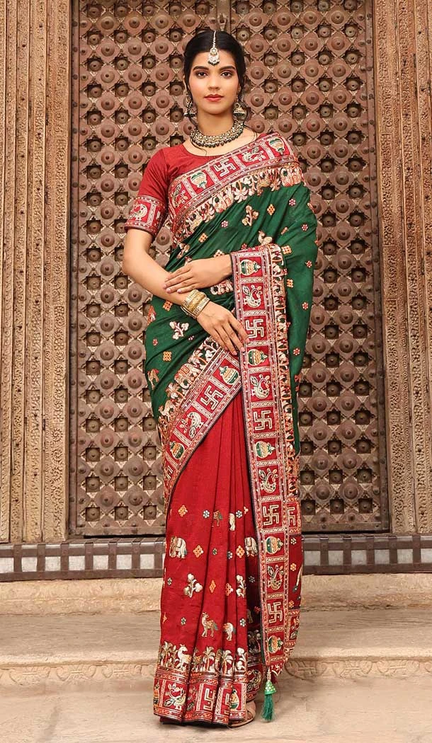 Green & Red Color Heavy Soft Silk Embroidery Work Designer Wedding Saree -6147167581