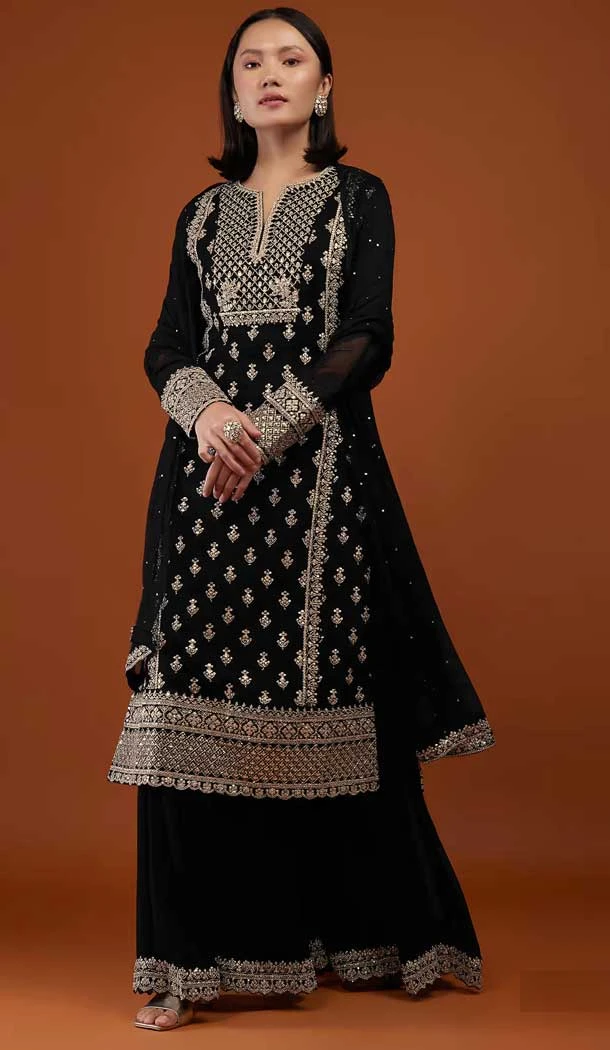 Black Color Embroidery Work Faux Georgette Evening Party Wear Palazzo Suit -6158167643