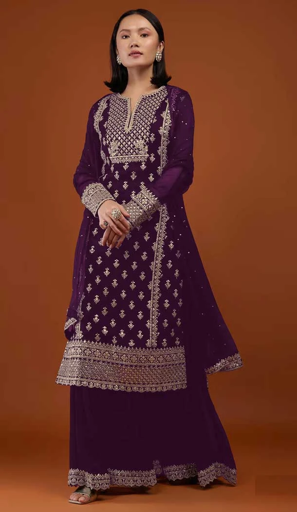 Purple Color Embroidery Work Faux Georgette Evening Party Wear Palazzo Suit -6158167645