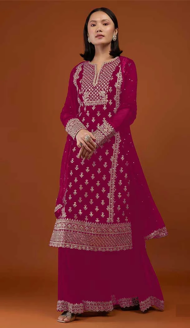 Gleaming Pink Color Embroidery Work Faux Georgette Evening Party Wear Palazzo Suit -6158167646