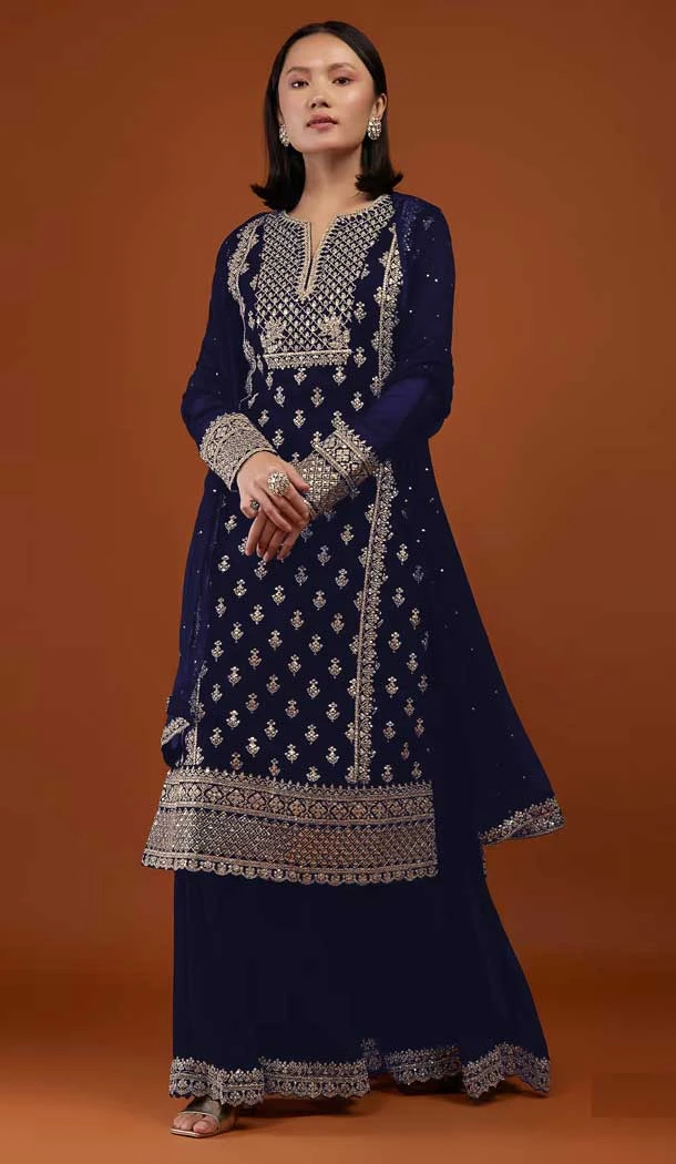 Navy Blue Color Embroidery Work Faux Georgette Evening Party Wear Palazzo Suit -6158167647