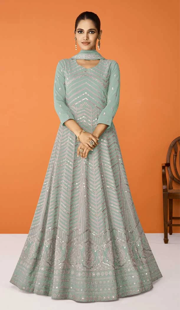 Faux Georgette Embroidery Work Mint Green Color Pakistani Anarkali Salwar Kameez -6162167679