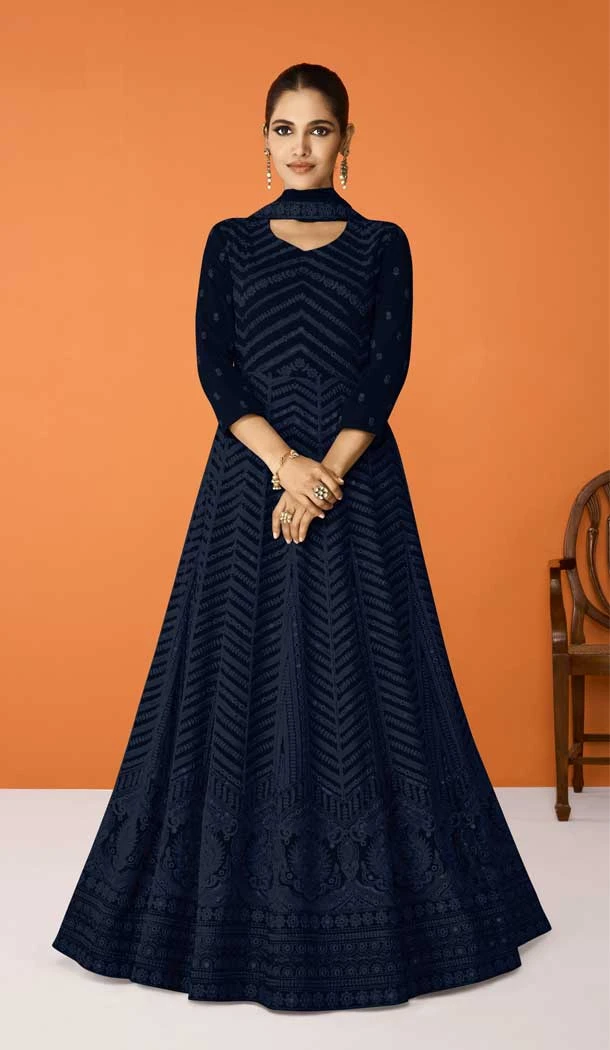 Faux Georgette Embroidery Work Navy Blue Color Pakistani Anarkali Salwar Kameez -6162167681