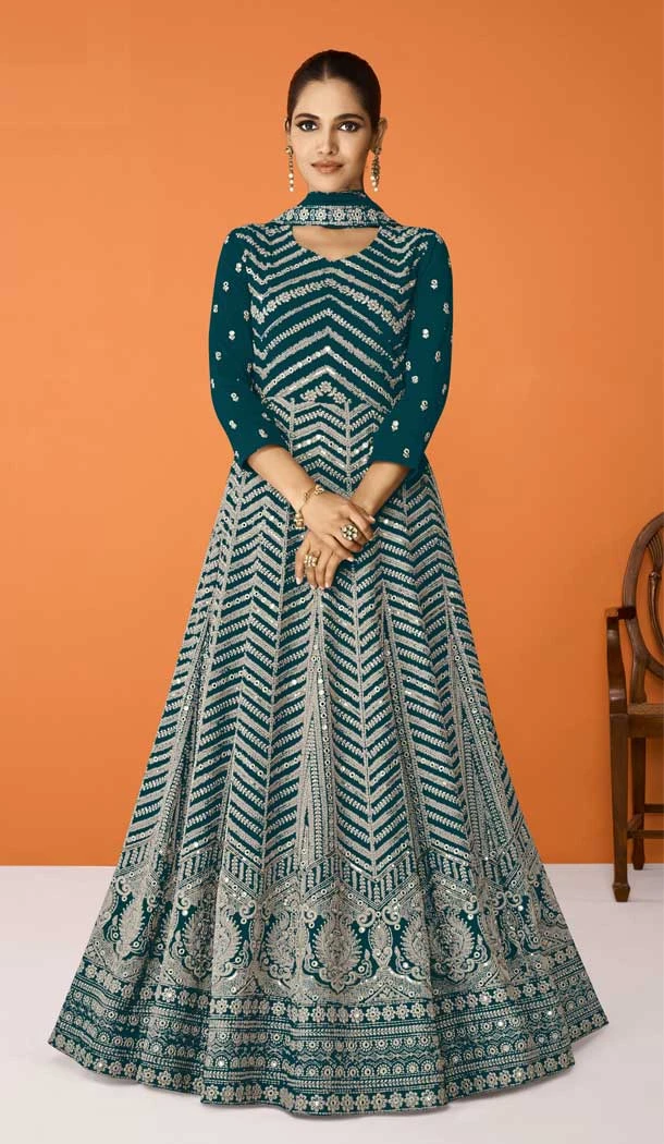 Faux Georgette Embroidery Work Teal Blue Color Pakistani Anarkali Salwar Kameez -6162167683
