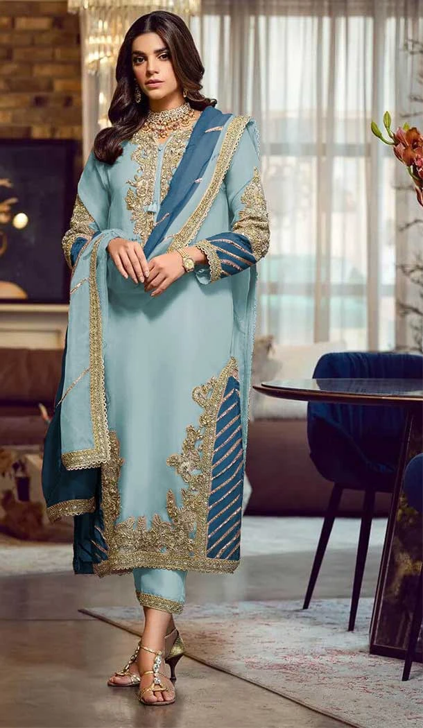Sky Blue Color Faux Georgette Embeoidery Work Pakistani Style Party Wear Salwar Suit -6163167685