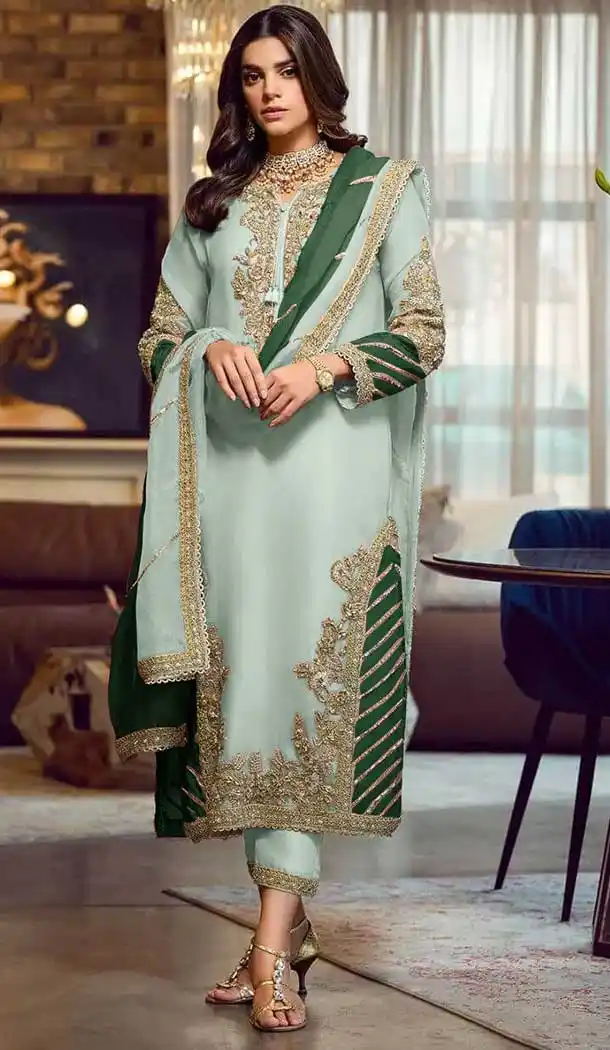 Green Color Faux Georgette Embeoidery Work Pakistani Style Party Wear Salwar Suit -6163167687