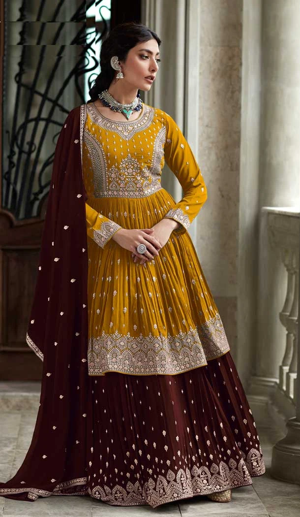 Glamorous Yellow Color Georgette Embroidery Work Party Wear Lehenga Style Suit -6173167742
