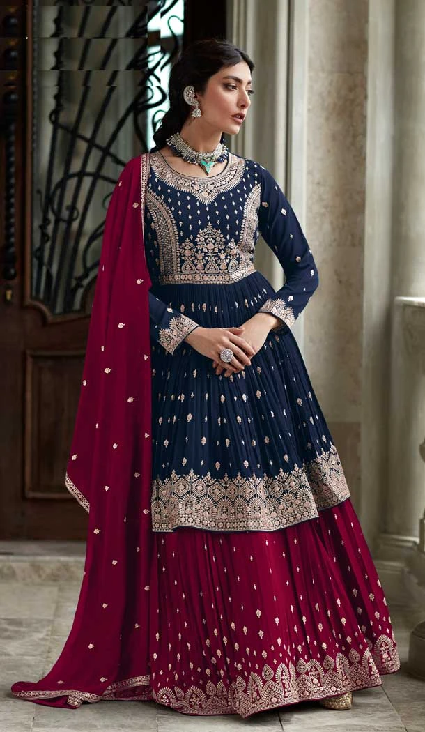 Navy Blue Color Georgette Embroidery Work Party Wear Lehenga Style Suit -6173167743