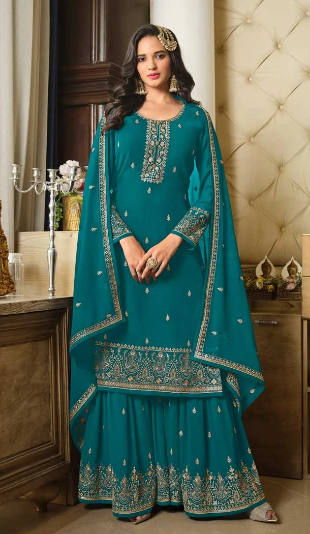 Aqua Blue Color Faux Georgette Embroidery Work Party Wear Palazzo Suit -6199167911