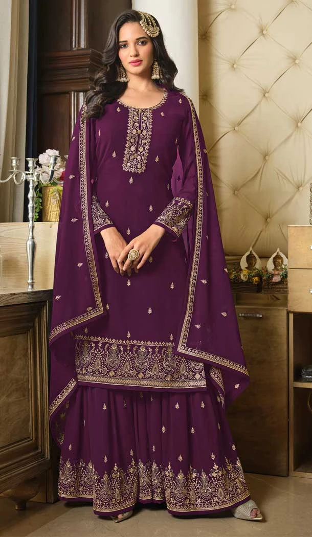 Glamorous Purple Color Faux Georgette Embroidery Work Party Wear Palazzo Suit -6199167912