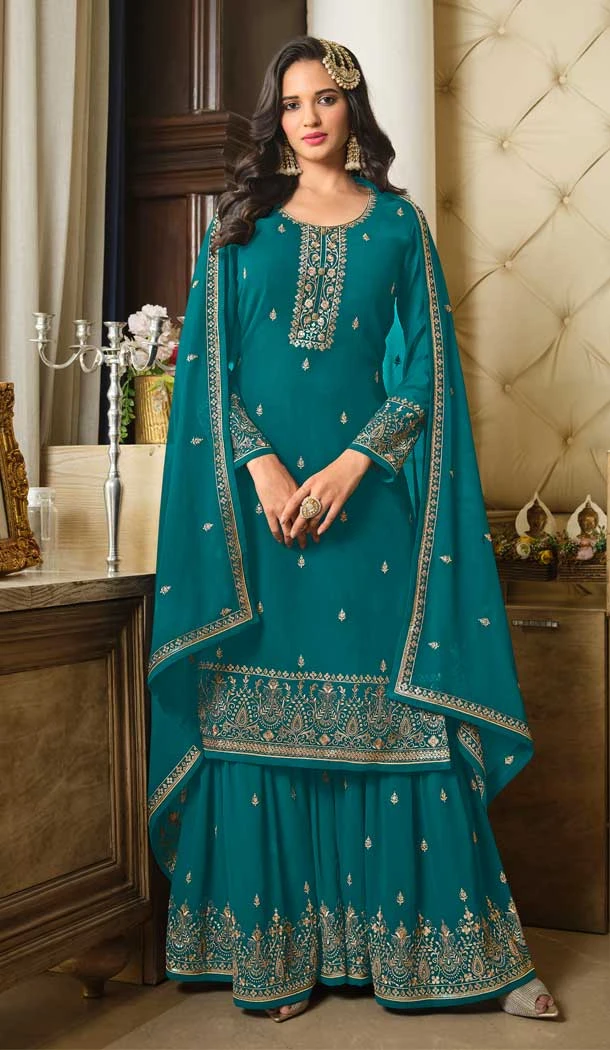 Sky Blue Color Faux Georgette Embroidery Work Party Wear Palazzo Suit -6199167913