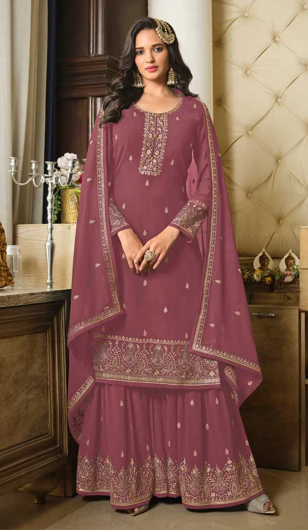 Mauve Color Faux Georgette Embroidery Work Party Wear Palazzo Suit -6199167914