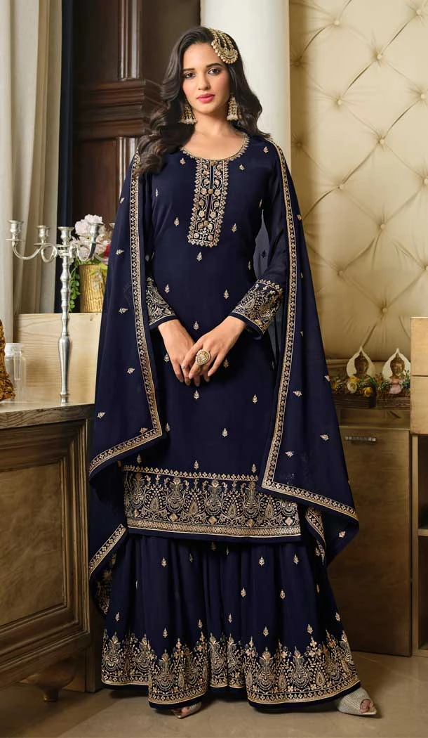 Navy Blue Color Faux Georgette Embroidery Work Party Wear Palazzo Suit -6199167915