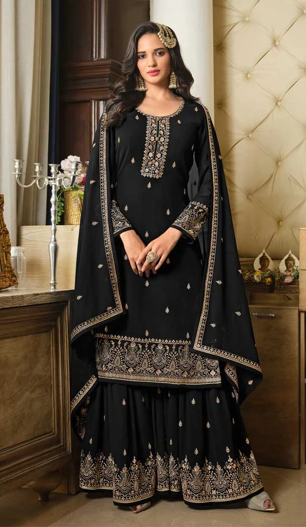 Black Color Faux Georgette Embroidery Work Party Wear Palazzo Suit -6199167916
