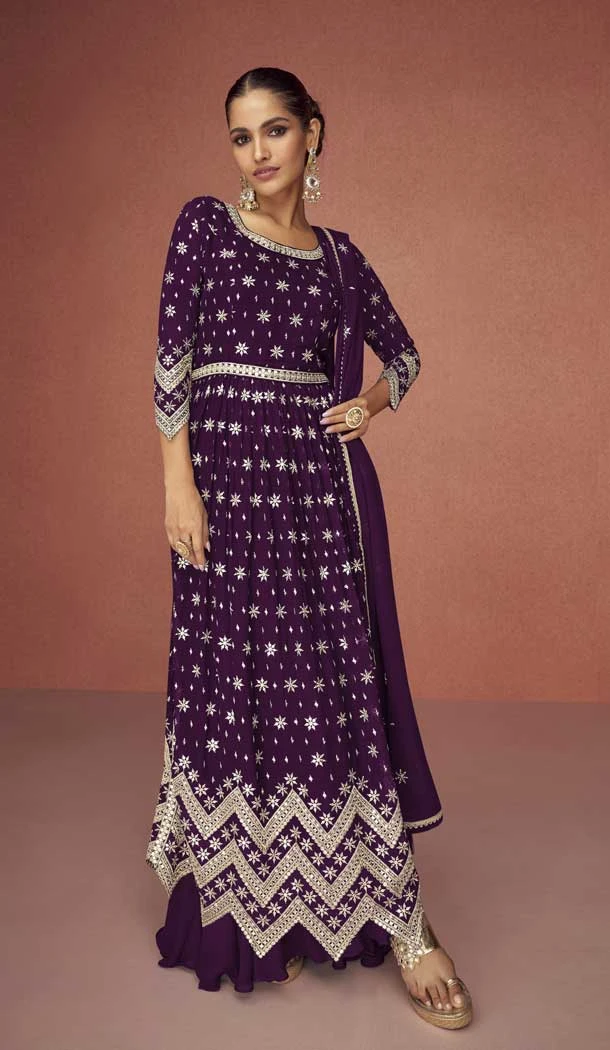 Faux Georgette Purple Color Embroidery Work Pakistani Style Palazzo Suit -6200167918