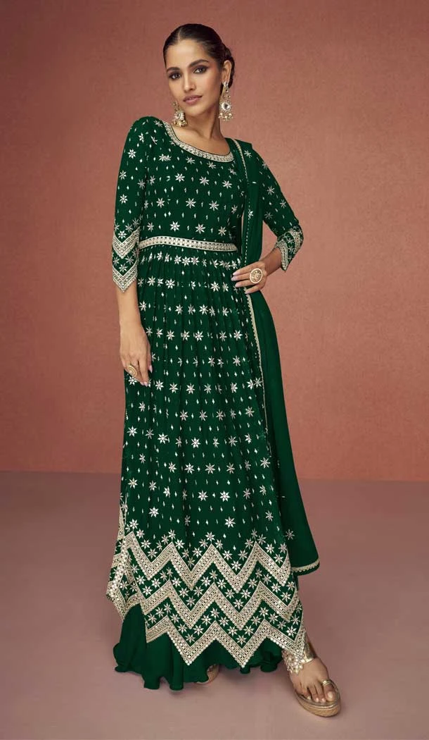 Faux Georgette Green Color Embroidery Work Pakistani Style Palazzo Suit -6200167919
