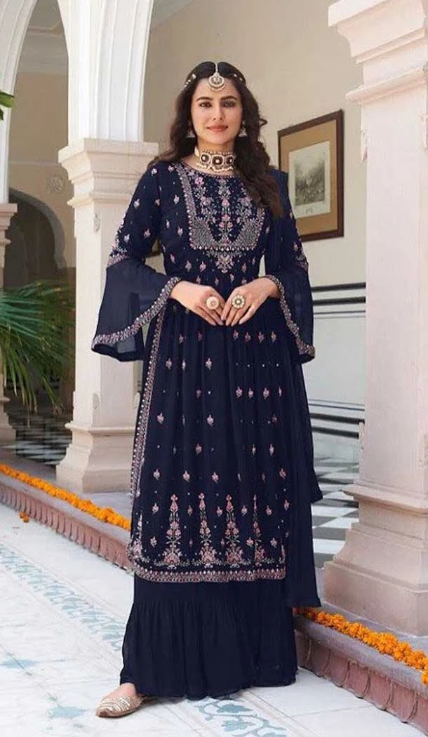 Embroidery Work Navy Blue Color Faux Georgette Palazzo Women Salwar Suit -6201167923