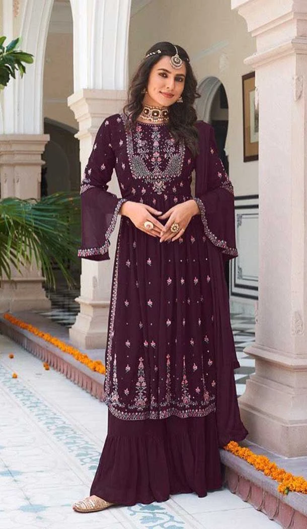 Embroidery Work Wine Color Faux Georgette Palazzo Women Salwar Suit -6201167924