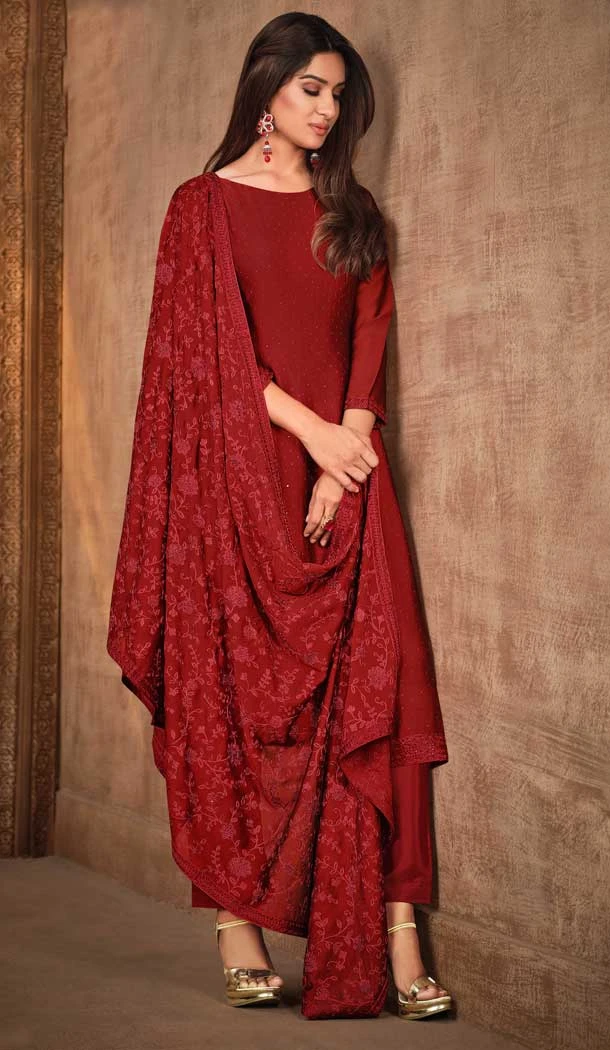 Maroon Color Georgette Diamonds Work Designer Party Wear Salwar Kameez -6214168036