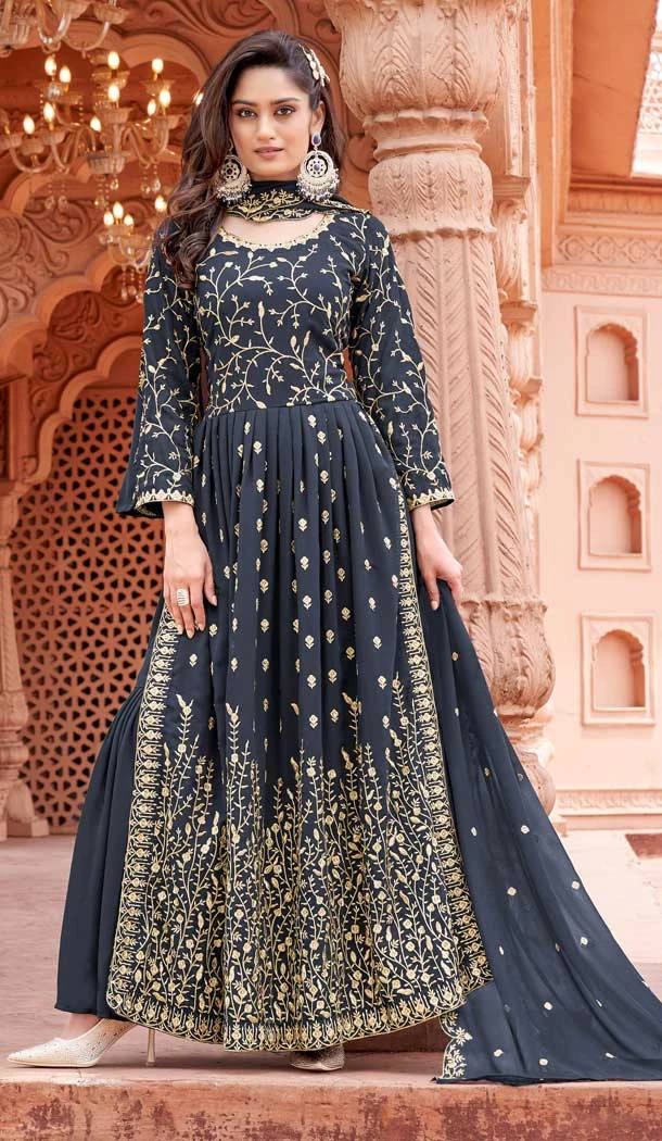 Navy Blue Color Faux Georgette Embroidery Work Designer Plus Size Sharara Suit -6215168040