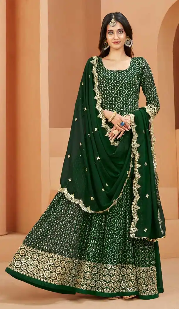 Faux Georgette Embroidery Work Green Color Anarkali Style Salwar Kameez -6216168042