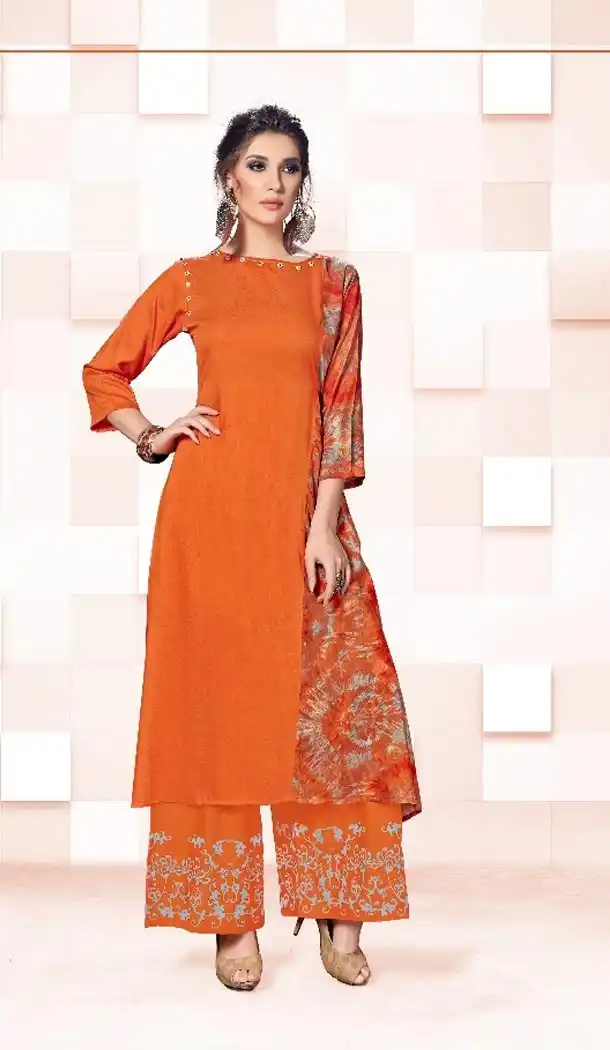 Daily Wear Orange Color Reyon Fabric Casual Wear Palazzo Dress | FHBERV7-1353