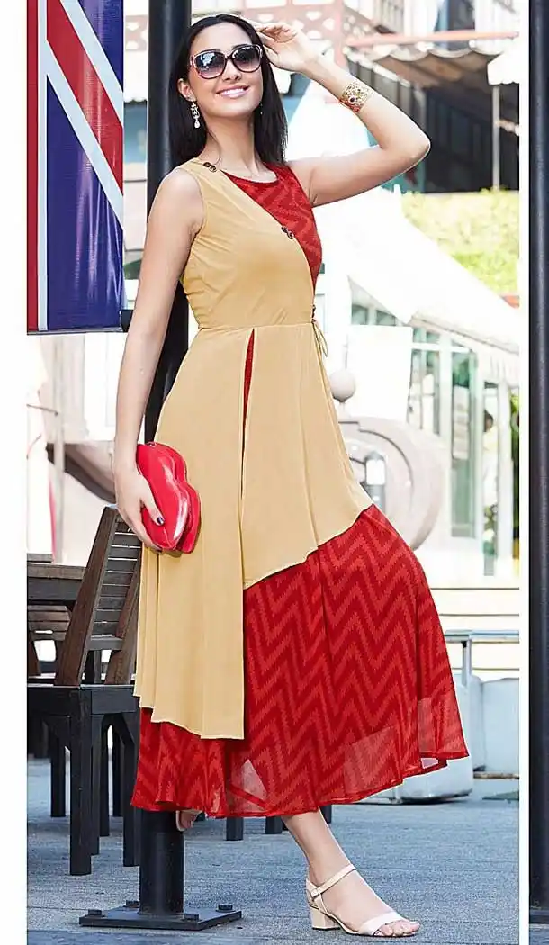 Buy Fancy Indo Western with Cream with Red Color Georgette Designer Party Wear Kurti | FHBE-ZB684