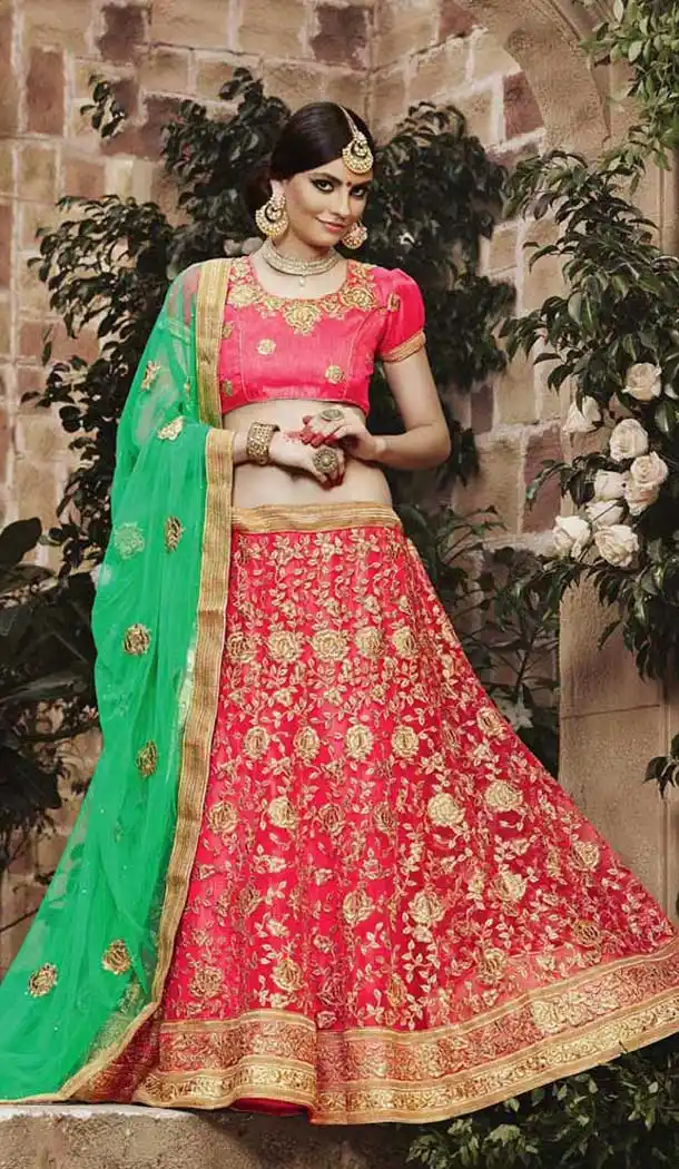 Women Gajari Color Satin A Line Engagement Lehenga with beautified embroidery designs | FHBE0850855