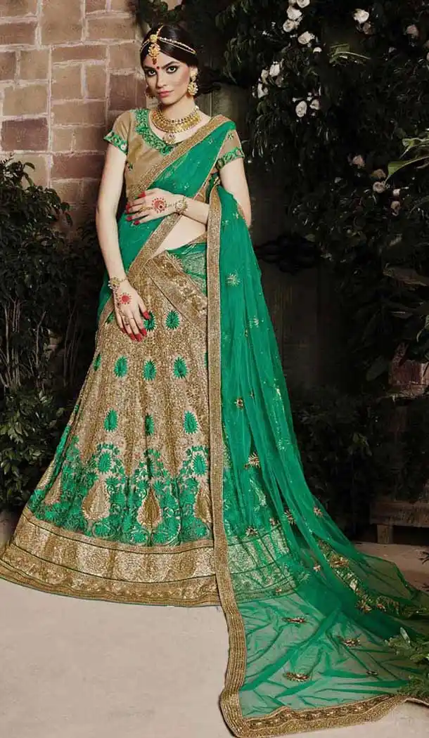 Women Chiku plus Rama Color Satin A Line Engagement Lehenga with beautified embroidery designs | FHBE0850860